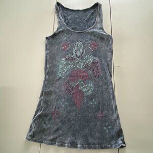 Distressed/Washed Gray Rhinestone Fleur De Lis Grunge Tank Top, Sz S